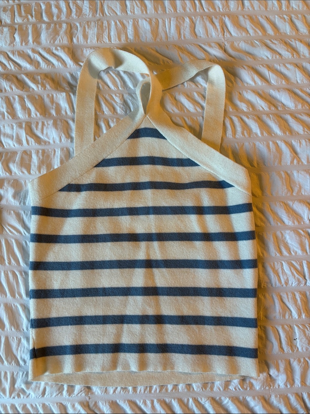White and Navy Striped Cross Neck Top